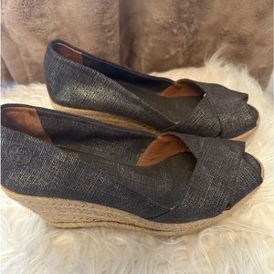 Tory Burch Filipa Wedge Espadrille Gray Glitter Shoes Size 8